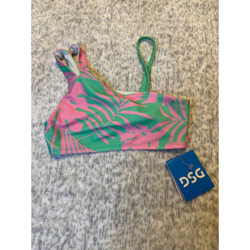 DSG Girls‎ Asymmetric Swim Top Pink Green Palm Leaf Print Size XS